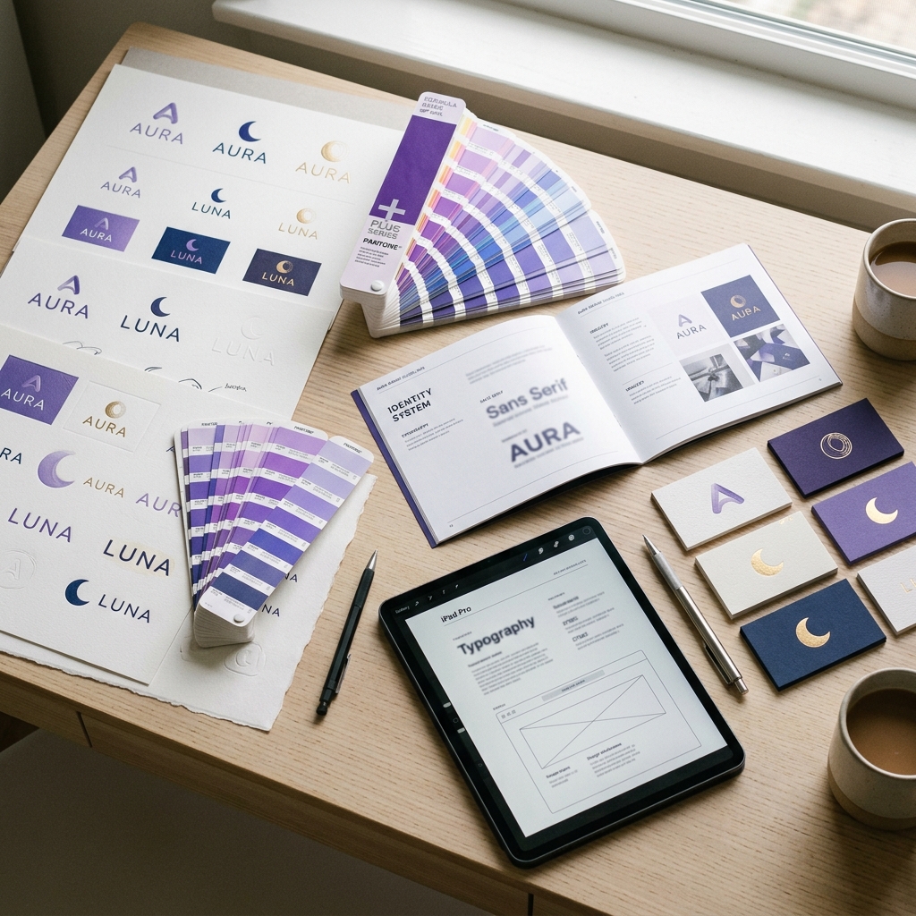 Visual identity design studio with logo variations and brand guidelines