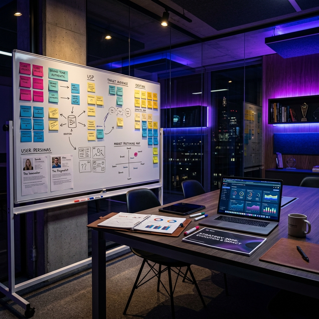 Brand strategy workspace with market research and positioning documents